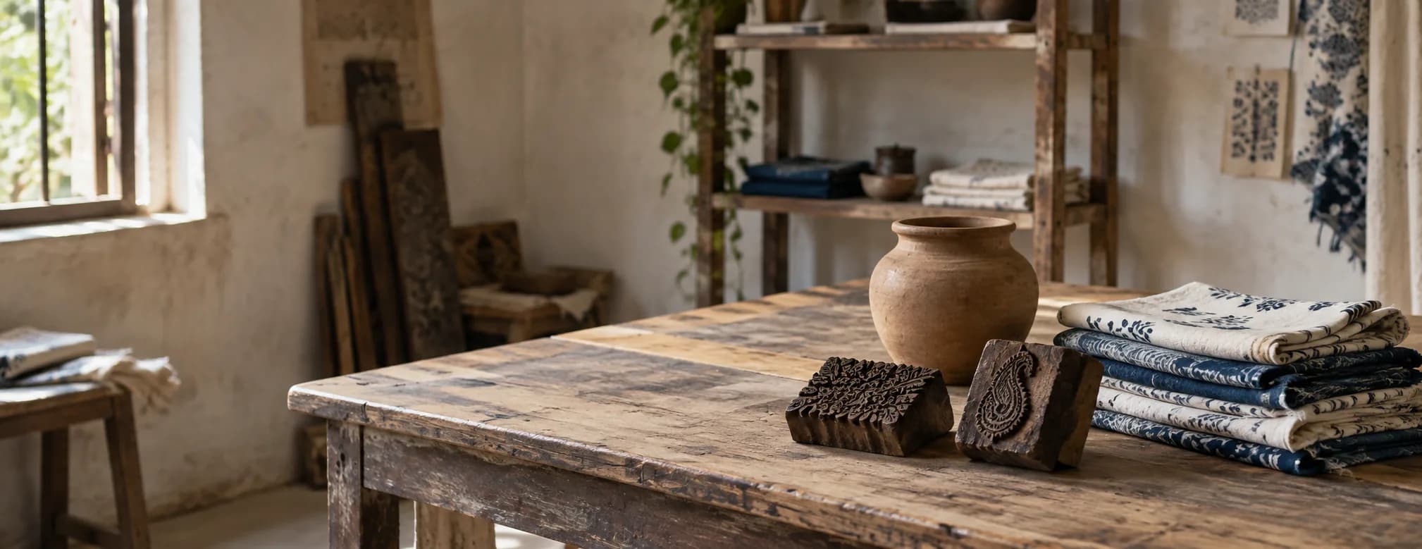 Editorial view of a maker's workshop with handwoven cloth, wooden printing blocks and a clay vessel
