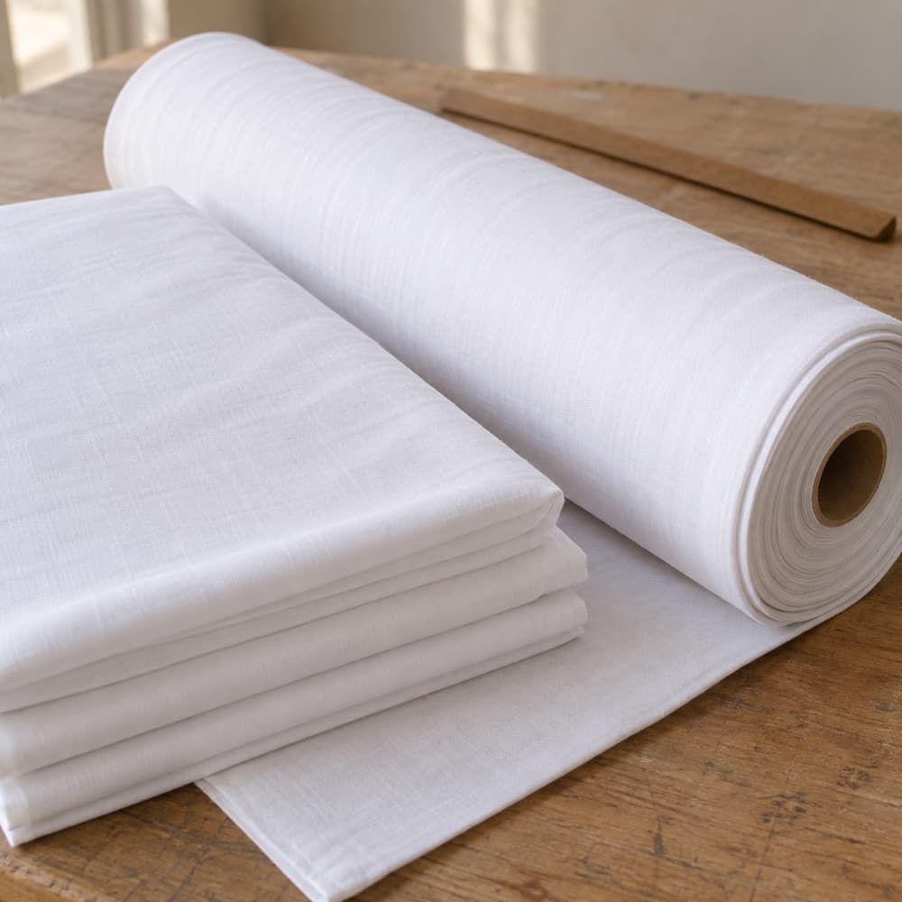 Rolls of cotton fabric in a textile workshop