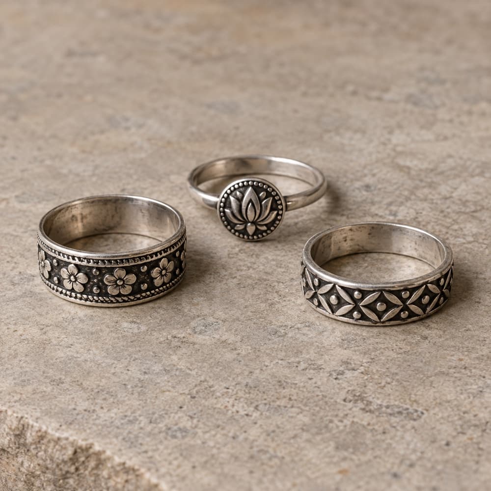 A collection of finely crafted silver rings