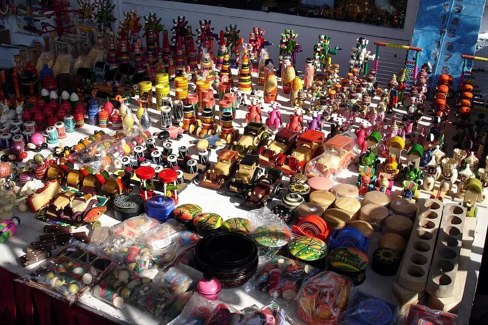 Colourful wooden toys arranged on display